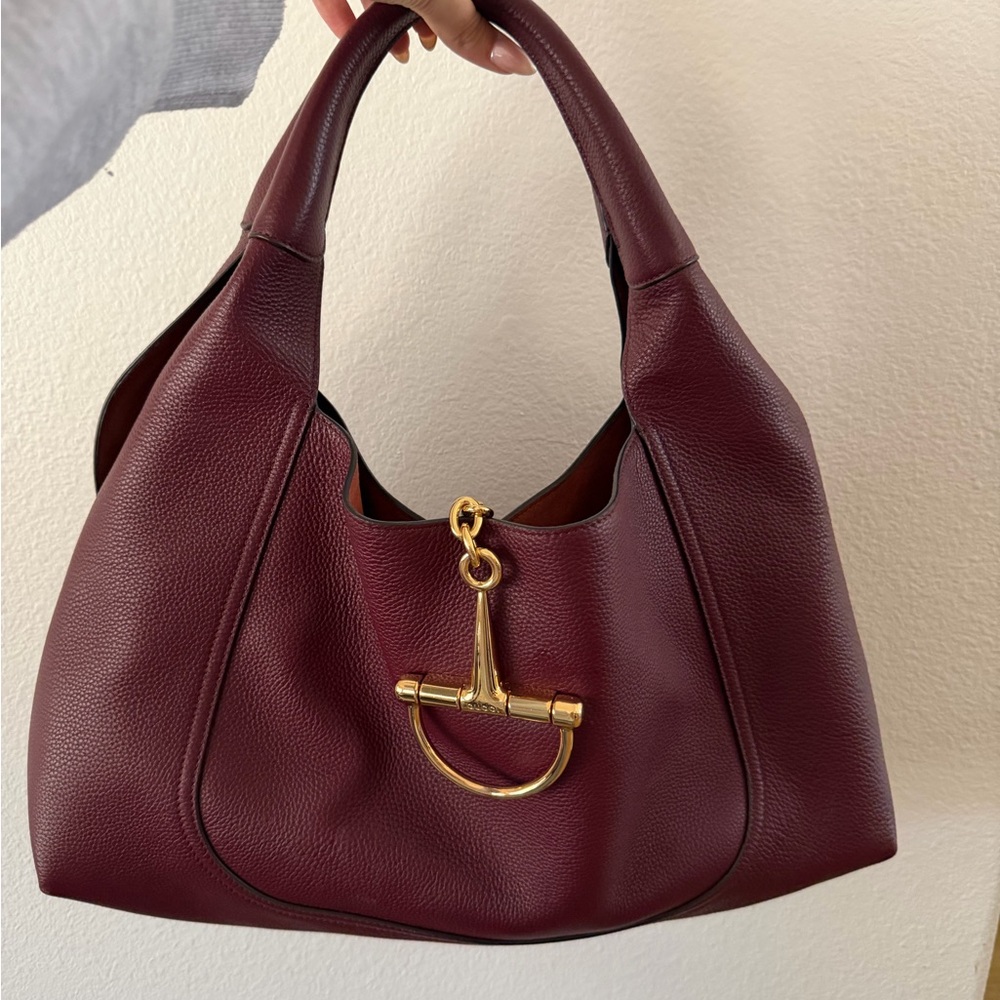 Designer-Style Burgundy Leather Hobo Bag with Gold Hardware